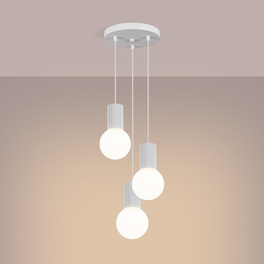 Lampa Wisząca Nowoczesna Okrągła Potrójna Biała Ryflowana Szklane Białe Kule Do Salonu Jadalni Nad Stół 3Xg9 8W Halo Sollux Lighting