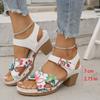 Crossstrap Chubby Sandals Summer Flowers Large Size Velcro Open-toed Midheel Sandals