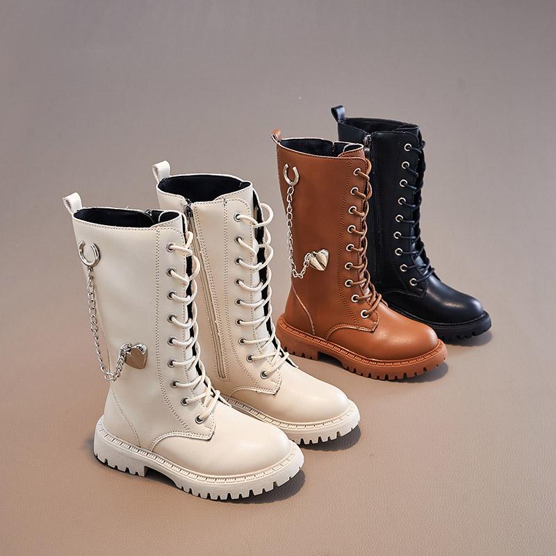 Girls Boots Winter New Korean Style Britain Style Children Fashion Versatile Soft Princess Shoes High Boots Chains Love PU