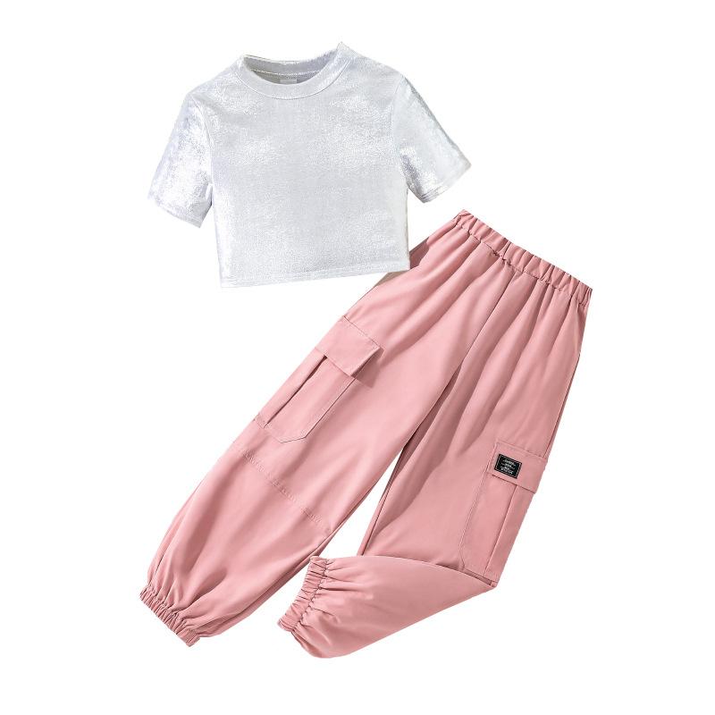 Girls Fashion Set Summer Children Fashion Hot Gold Knitted Short Sleeve Casual Cargo Pants Set