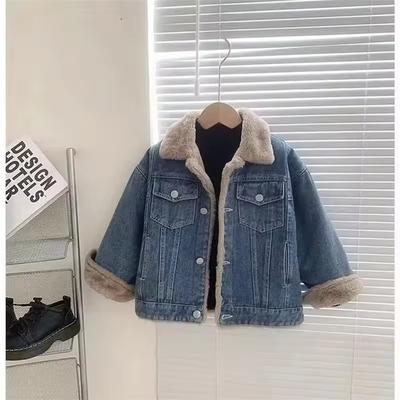 Girls Plus Velvet Denim Jackets Winter Thick Warm Coats Kids Padded Parka Children Loose Lapel Outerwear Cold Snowsuits