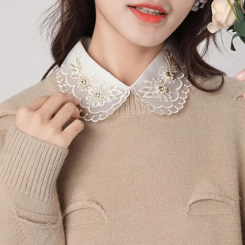 Women Fake Doll Collar Lace Beads Blouse False Collar Lapel Detachable Female Decorative Removable Half Shirt Collar
