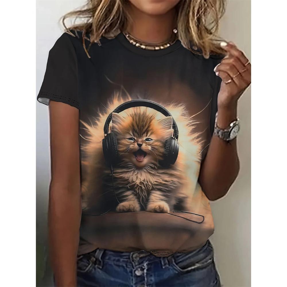 

2025 Funny Animal Women s T-Shirts 3D Print Cute Cartoon Cat Casual Short Sleeve Y2k Tshirt Fashion Top O-Neck Female Clothing 6XL