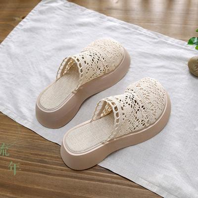 Summer Ladies Platform Slippers New Lace Breathable Half-covered Sandals Outdoor Leisure Mesh Beach Slippers Sandalias De Mujer
