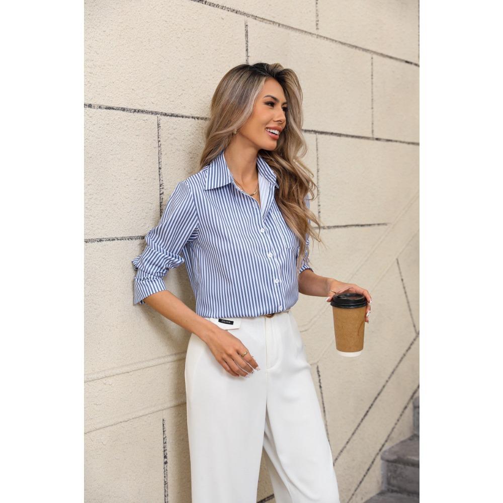 2026 Spring Autumn Women's Striped Loose Casual Collar Long Sleeve Women Blouse Comfortable Versatile Commuter Shirt