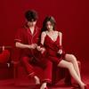 Couple pajamas wedding wedding high-end suspender morning robe birth year long sleeve ice silk red men and women dowry suit