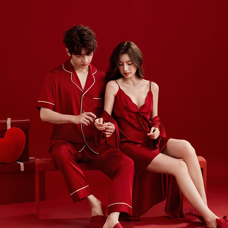 Couple pajamas wedding wedding high-end suspender morning robe birth year long sleeve ice silk red men and women dowry suit