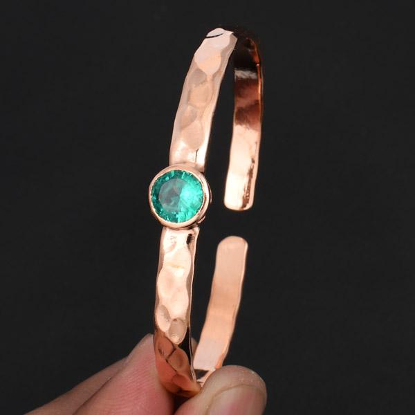 Handmade Hammered Copper Cuff Bangle with Round Green Quartz Gemstone  Adjustable Artisan Bracelet
