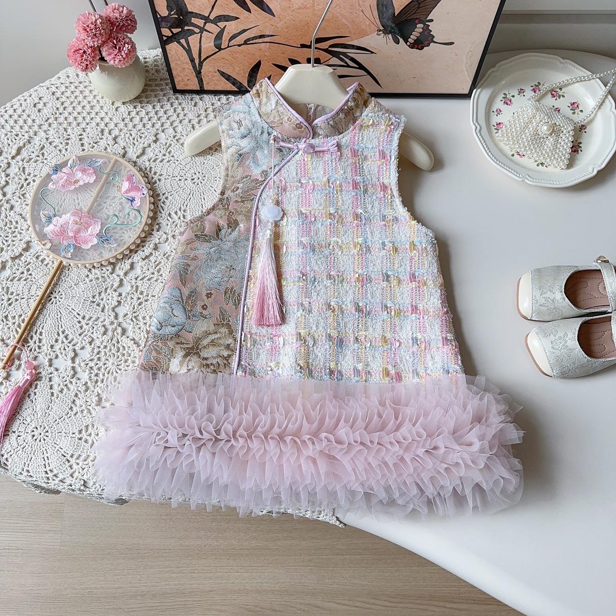 Winter Girls Thickened Warm Tulle Lace Vest Dress Chinese Hanfu Qipao Sleeveless Party Dress For Kids 90cm
