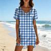 Women's Summer Casual V Neck Short Sleeve Vintage Plaid Print Loose Fit Mini Dress for Daily Wear Beach Vacation