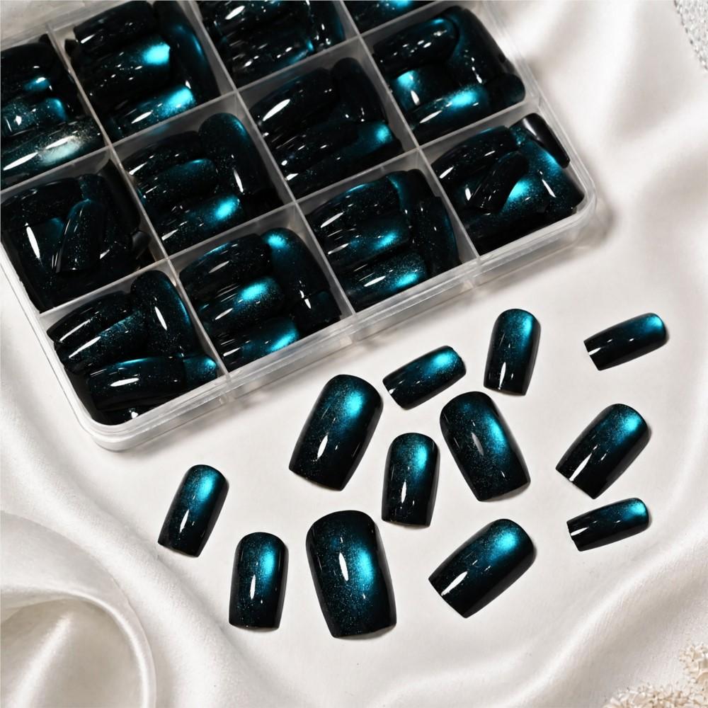 144pcs Peacock Green Cat Eye Press On Nails Glossy Medium Square Cat Eye False Nails Full Cover Acrylic Green Cat Eye Fake Nails