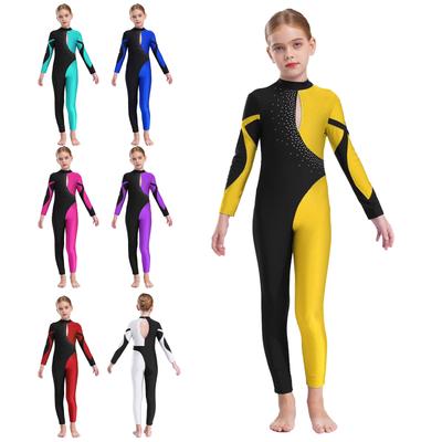 Mädchen Stilvoller Tanz-Jumpsuit Langarm Stehkragen Glitzernde Strasssteine Kontrastfarbe Ausgehöhlter Rücken Leotard