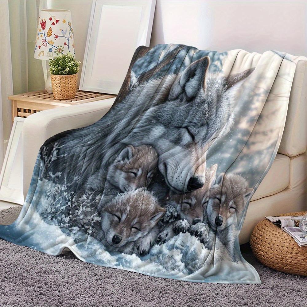 Snow Mountain Wolf Art Print Throw Blanket - Wilderness Animal Cozy Soft Accent for Sofa Bed Office Travel Gift