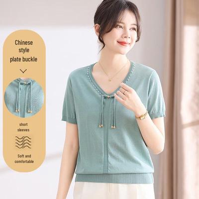 Neues Chinesischer Stil V-Ausschnitt T-Shirt für Damen