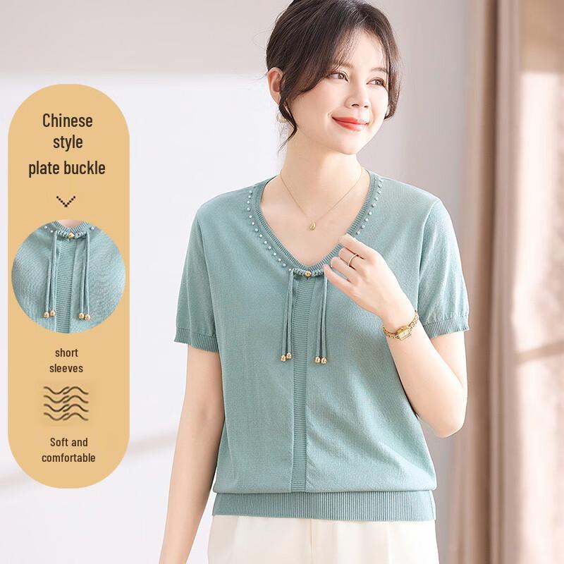 Women s New Chinese Style V-Neck T-Shirt 3XL