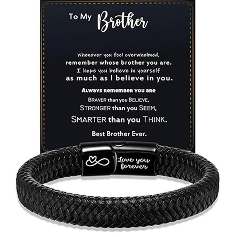Magnetic Stainless Steel Leather Bracelet, Hand-woven for Men, with Personal Message Engraved on It