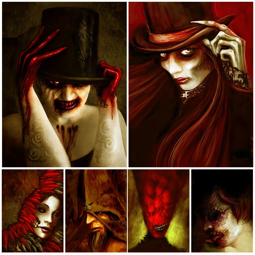 

Граф дьявола и ведьма-вампир, винтажная настенная живопись маслом, постеры с зомби и кровавыми демонами и печатные домашние постеры