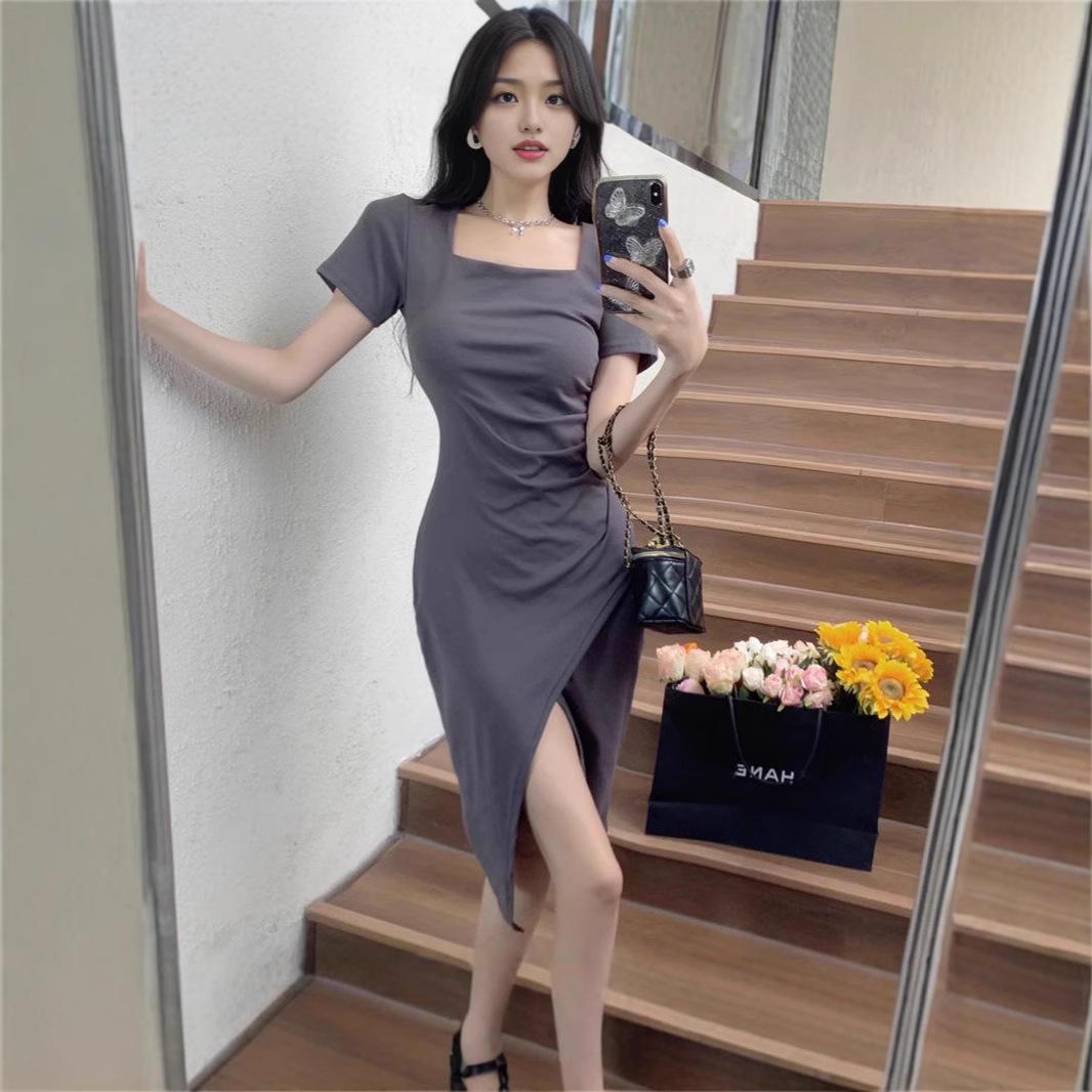 

Women s 2024 French Square Neck Slit Pleated Summer Bodycon Dress XL чорний