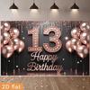 2D Happy 13th Birthday Backdrop, Rose Gold Glitter Balloon Party Photo Booth Background
