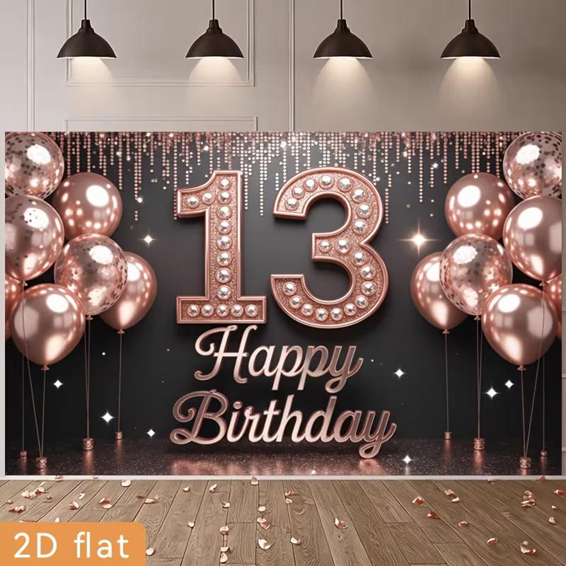 2D Happy 13th Birthday Backdrop, Rose Gold Glitter Balloon Party Photo Booth Background