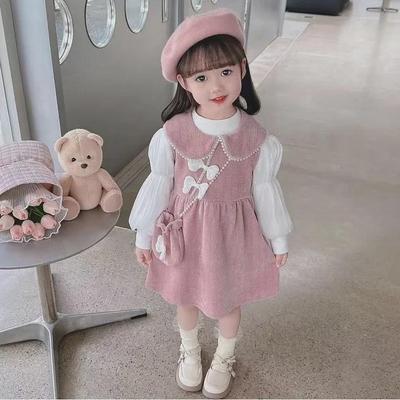 "Autumn/Winter 2024 Sweet Girl Beaded Bow Dress & Long Sleeve Top Set"