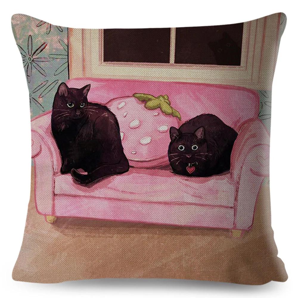 Olejomalba Roztomilá Kočka Povlak na Polštář Dekor Barevný Kreslený Domácí Zvíře Povlak na Polštář Polyesterový Povlak na Polštář na Pohovku Dětský Pokoj