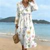 Fashionable Lady's V-neck Mid-length Casual Long-sleeved Dress