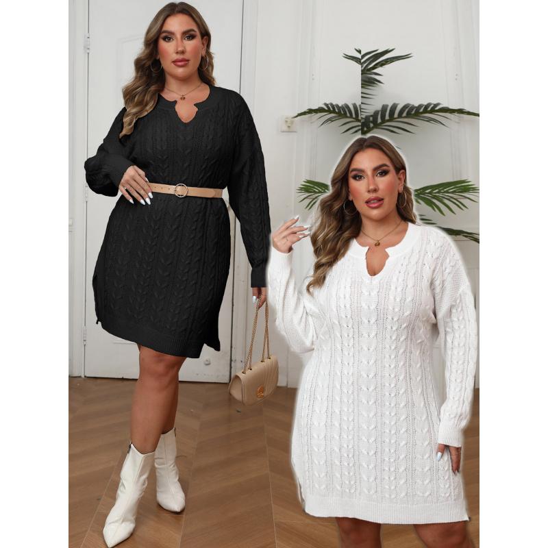 Damen Übergröße V-Ausschnitt Zopfstrick Pulloverkleid Einfarbig Herbst Winter Pulloverkleid