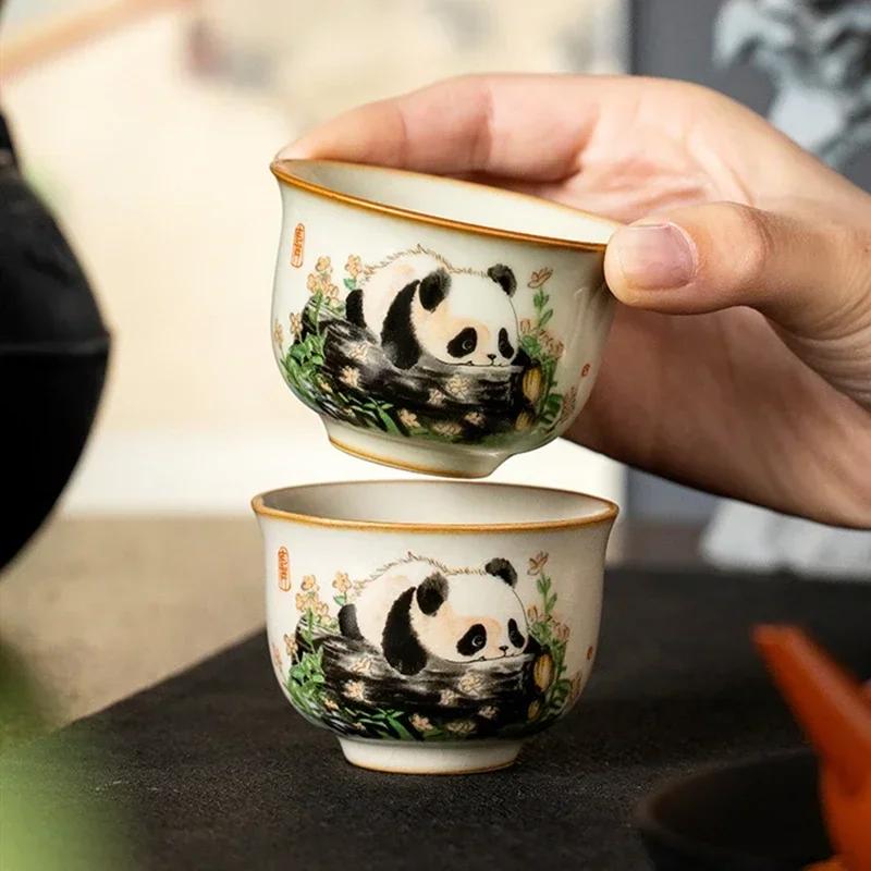 1 Pc Chinese Tradition Ru Kiln Ceramic Tea Cup Hand-painted Cute Pandas Tea Bowl Handmade Teacup Exquisite Household Tea Set