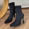 With high heels, thin boots, suede, daily height increase and thin season skirt, pointed toe and thin heel.