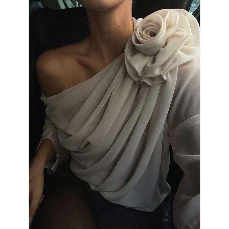 Transitional Sexy Ins Style Stylish Shoulder Flower Decoration Transparent Long-Sleeved Top off-Shoulder Elegant Sexy T-shirt