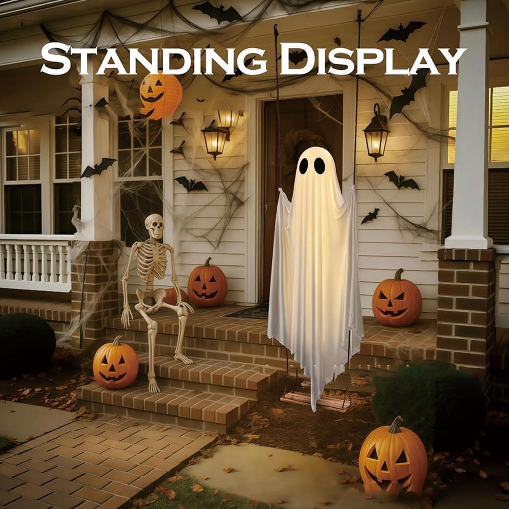 120cm Swinging Ghost Outdoor Decor on a Swing Adjustable Hanging Halloween Decor with String Lights Spooky Cute Ghosts