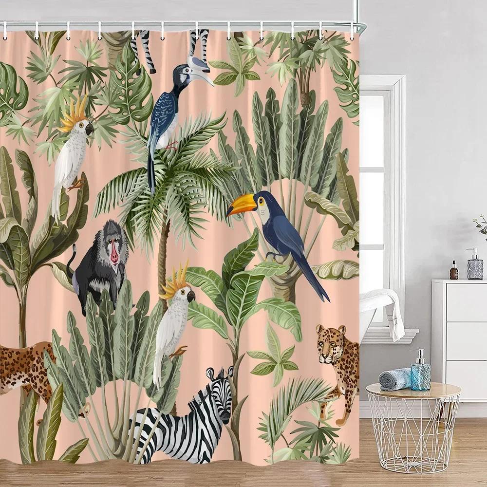

Tropical Animal Shower Curtain Leopard Wild Animal Flamingo Parrot Zebra Green Plant Palm Leaf Bathroom Curtain Decoration W60H190(CM)-1 Pcs