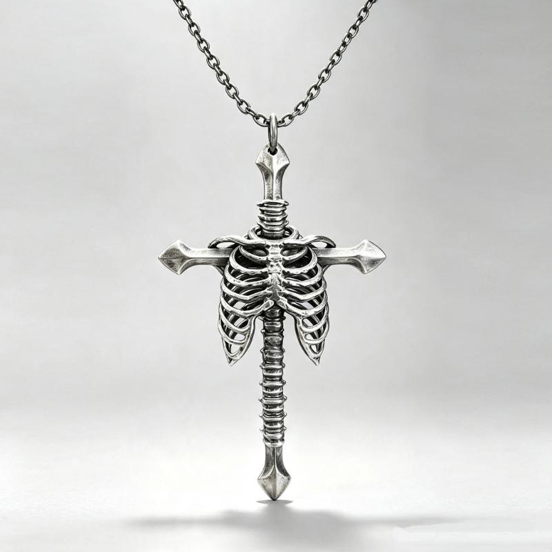 Rib Cage Cruciform Pendant Necklace for Gothic Style Enthusiasts, Silver Tone Alloy Statement Jewelry with Link Chain for Daily and Party Outfits