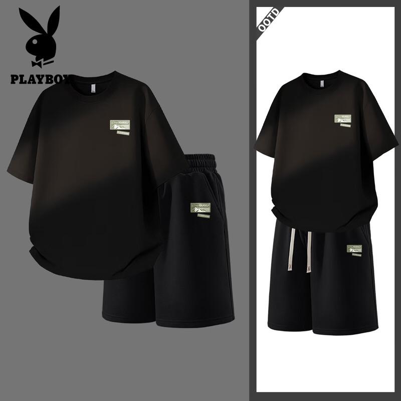PLAYBOY Men s Summer Casual Loose T-Shirt & Breathable Shorts Sportswear Set 2XL