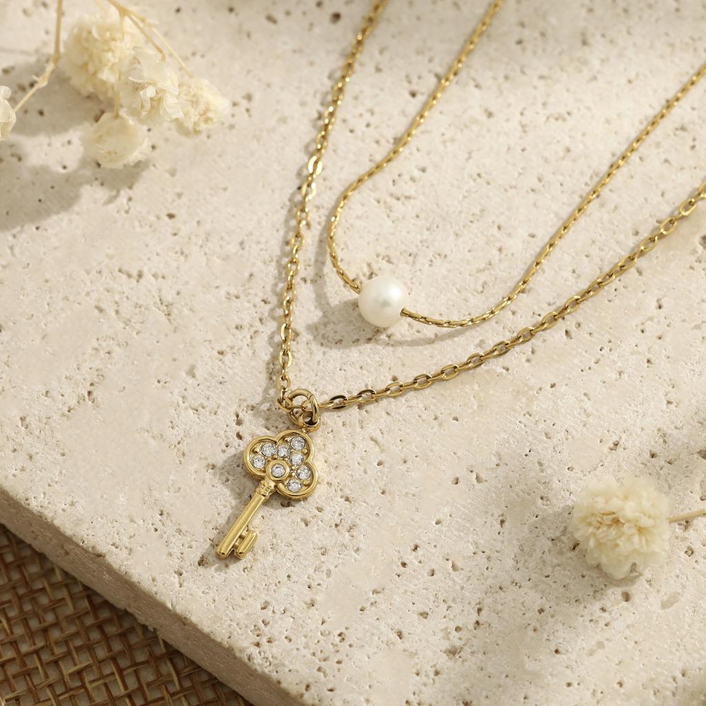 18K Gold Plated CZ Zircon Pearl Layered Necklace for Women Stainless Steel Key Charm Clover Pendant Jewelry Gift Custom`