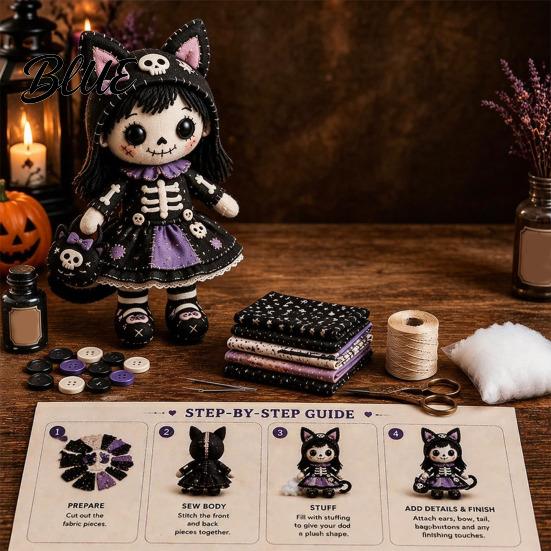 Halloween Sewing Project Skeleton Witch Patchwork Kit Gothic Girl Doll DIY Step-by-step Tutorial Kit for Adults Teens Handmade Gift Beginners