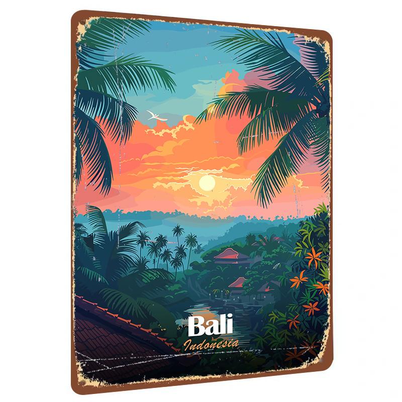 Balinese Tropical Sunset Iron Wall Art Decor Indonesian Scenery Metal Painting for Living Room Home Decoration 20x30cm（7.8x11.8inch）
