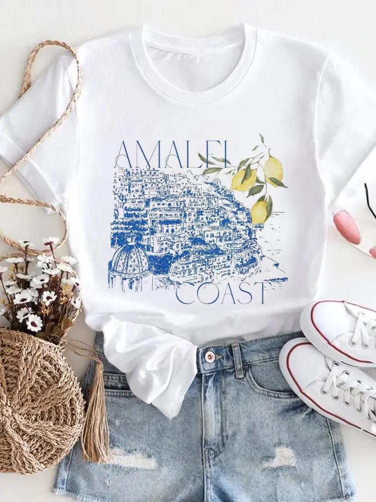 Camiseta de Verano de Manga Corta con Estampado Casual de Moda para Mujer con Patrón de Fruta de Limón, Ropa de Moda con Cuello Redondo de Tejido de Poliéster