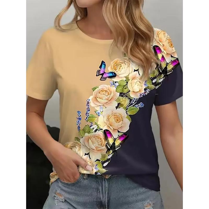 Modisches Damen Rundhals-T-Shirt Rundhals Kurzarm 3D Farbdruck