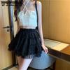 WTEMPO Kawaii Mini Skirts Women Lolita Lace Ruffles Patchwork Black Skirt Preppy Style Solid Korean High Waist Skirts