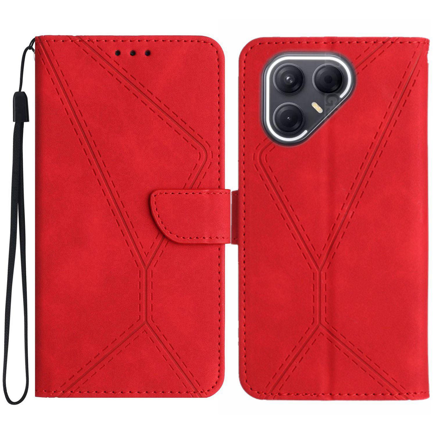 

For TECNO Pova 7 5G Case Skin Touch Lines Imprinted PU Leather Flip Phone Cover Red
