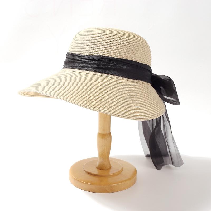 Big brim straw hat women's sunscreen foreign style fashion bow seaside beach sunshade breathable face little fisherman hat