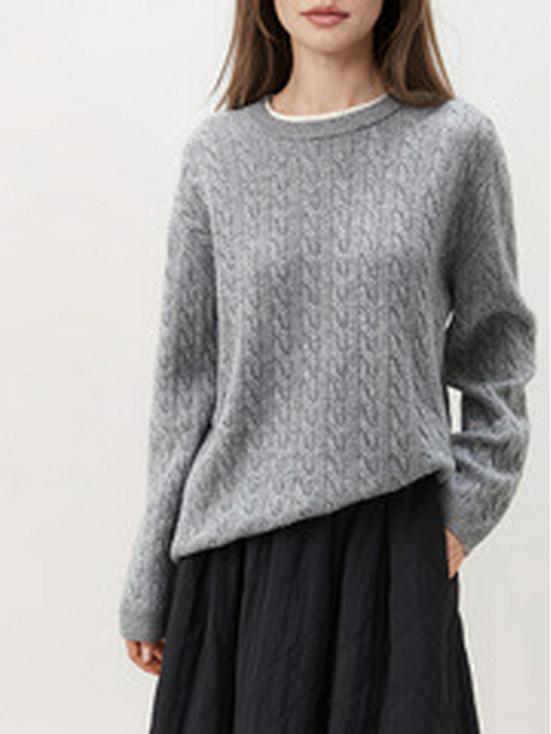 Autumn & Winter Solid Color Round Neck Cable Knit Lazy Style Sweater