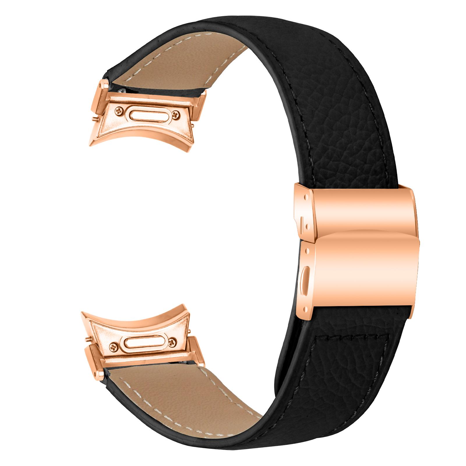 

Watch Strap for Samsung Galaxy Watch7/6/6 Classic/5 Pro/5/4 Classic/4/FE Litchi Texture Leather Band with Rose Gold Buckle Black