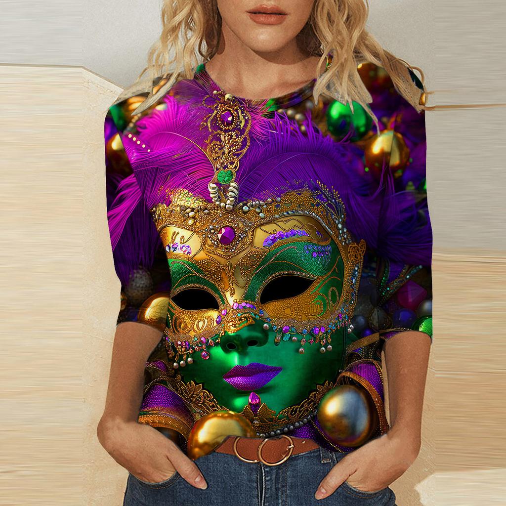 Round Neck 3D Mask Printed Top Fashionable Casual Long Sleeved Women's T-shirts