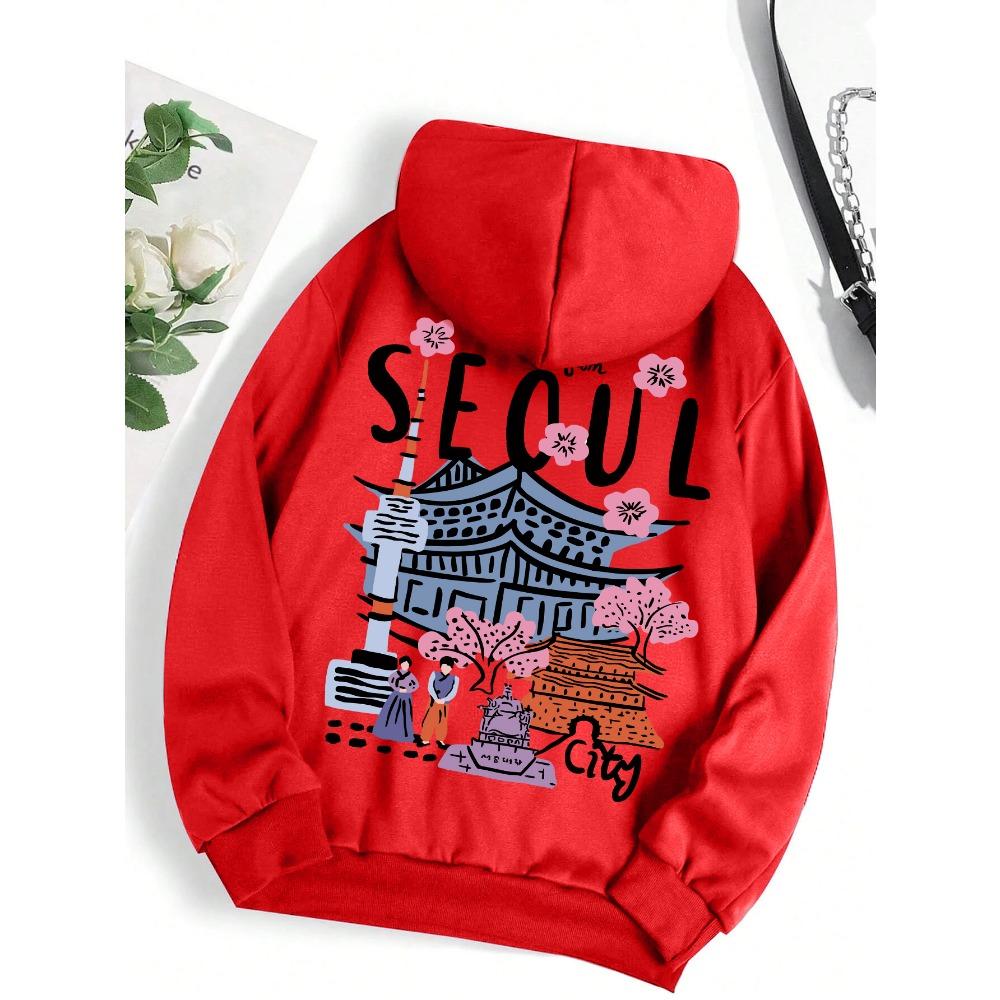 Seoul Beautiful Scenery Printing Womens Hooded Warm Fleece Comfortable Hoodies Simple Soft Hoodie Street Casual Loose