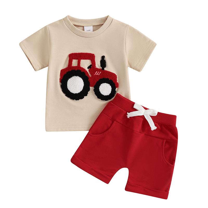 

Boys Summer Outfits Truck Embroidered Round Neck Short Sleeve T-Shirts Elastic Waist Shorts 2Pcs Clothes Set 3-6M красный