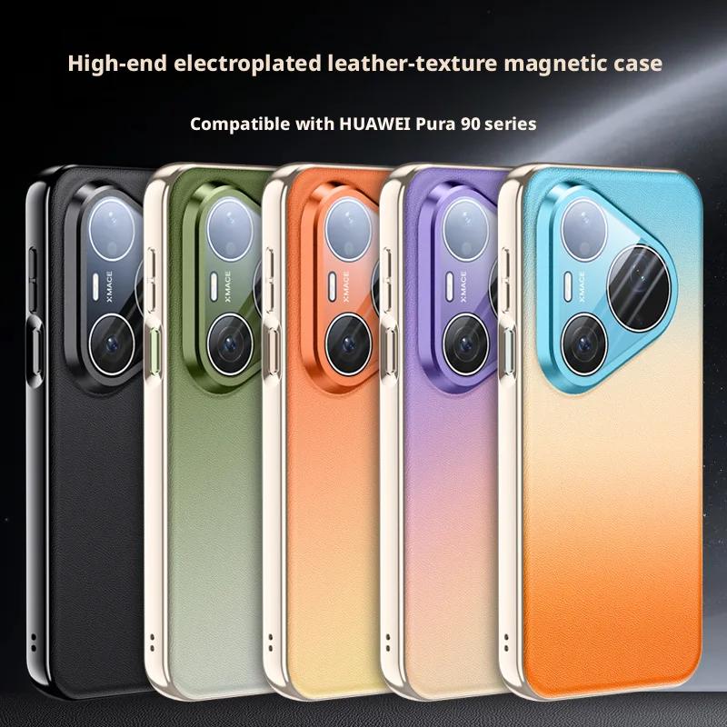 Hochwertige galvanisierte vegane Leder-Magnet-Hülle für Huawei Pura 90 Pro Max und Pura 90 Pro, Voll-Linsen-Schutzabdeckung