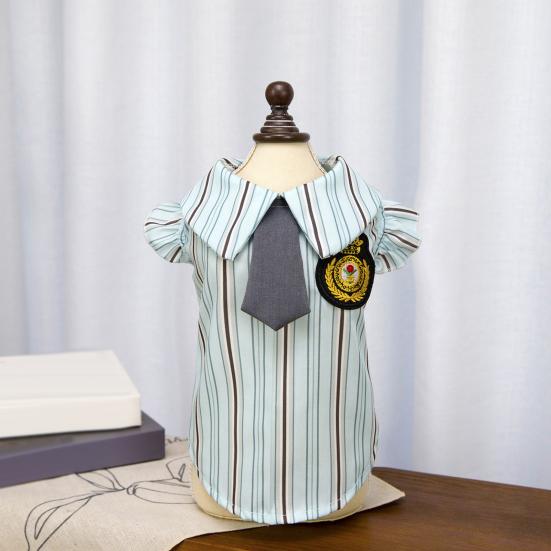 Pet Preppy Dress Shirt Summer Puppy Fly Sleeves Embroidered Badge Tie Striped Dress Top Breathable Pet Costume Outfit Apparel for Small Dogs Cats
